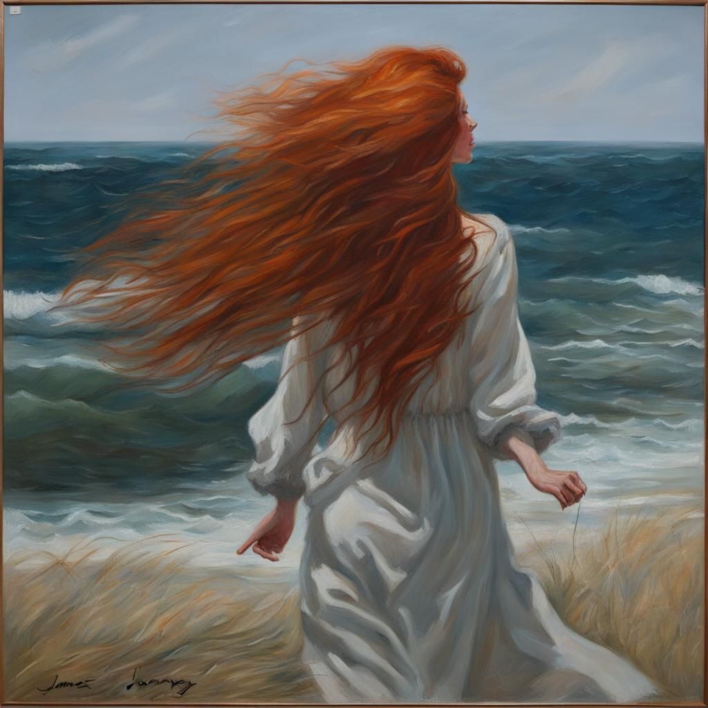 Woman 3/4 Redhead long hair blowing in wind standing nest ocean