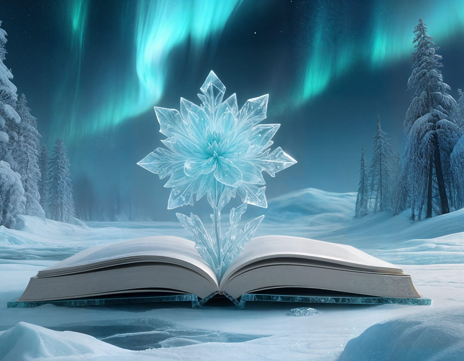 A winter tale, an ice flower is emerging from the book.