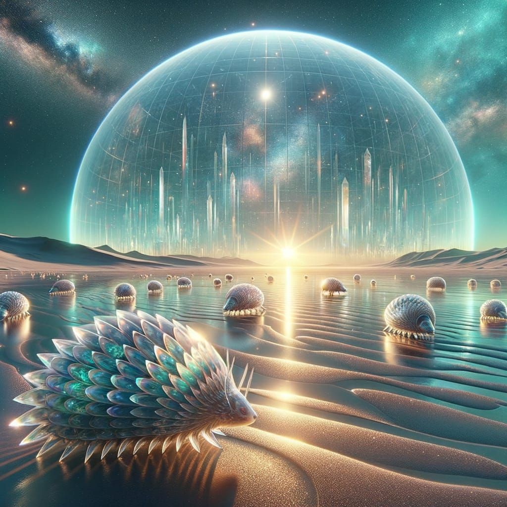 Alien Beach with Prismatic Sun and Crystal Creatures