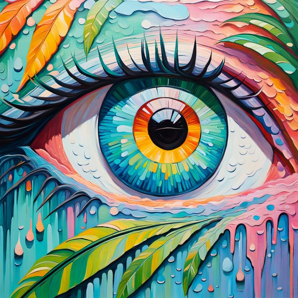 Eye Reflecting Jungle Waterfall: Expressionist Oil Painting