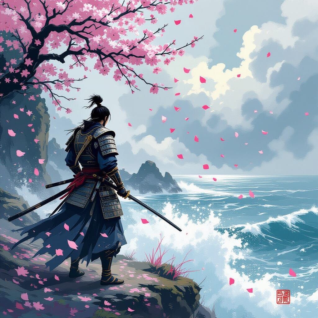 Samurai Warrior on Cliff Overlooking Sea in Ukiyo-e Style