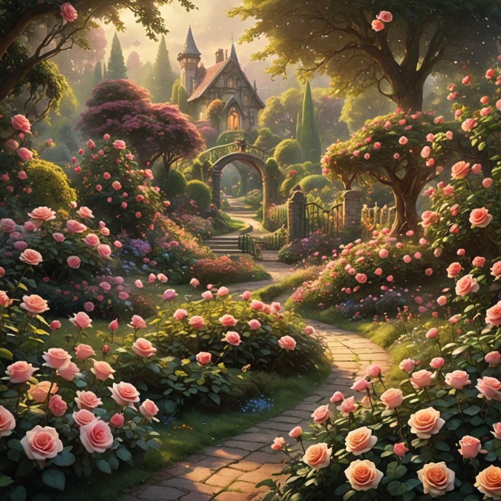 Romantic Rose Garden in Golden Hour Light