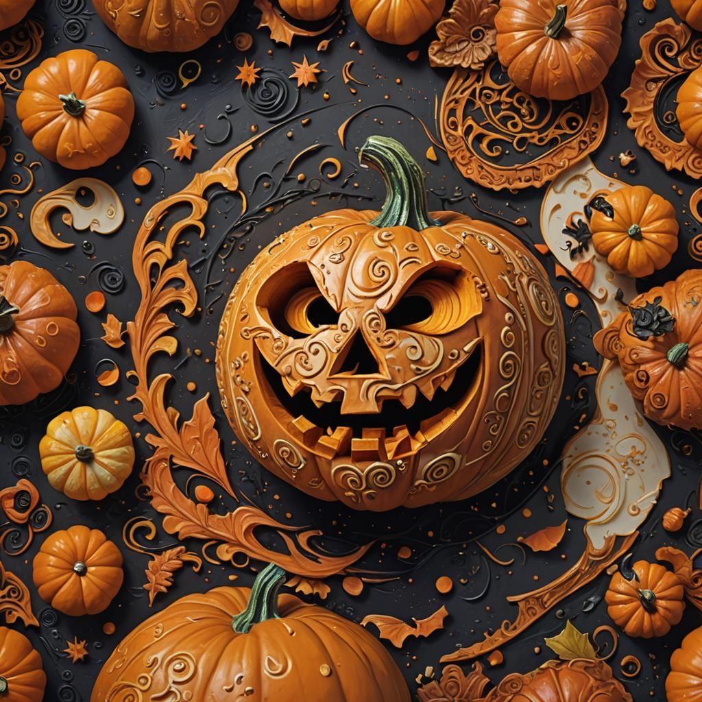 Smiling Halloween Pumpkin in Hyperrealistic Splash Art
