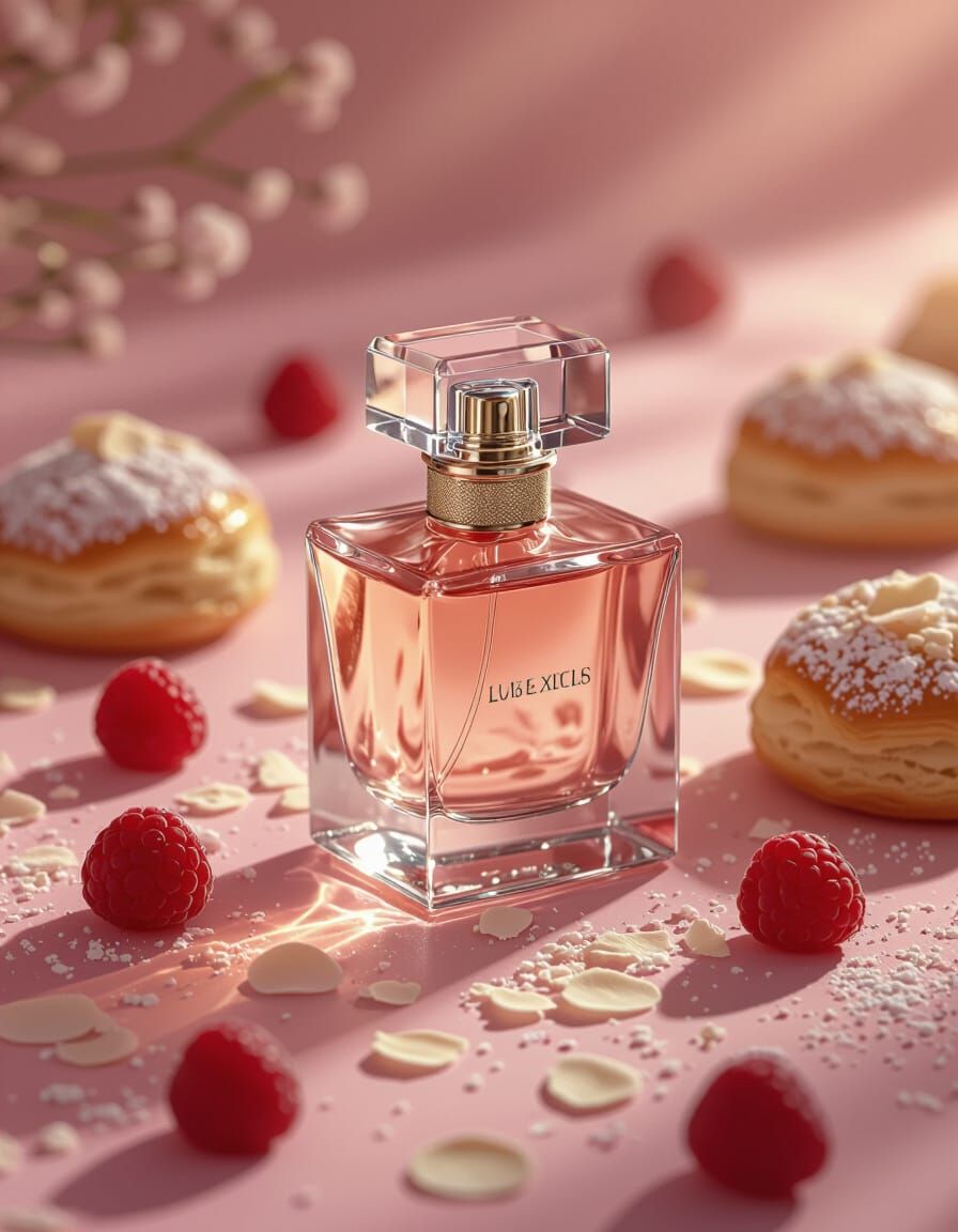 Elegant Perfume Bottle with Raspberries on Pink Surface