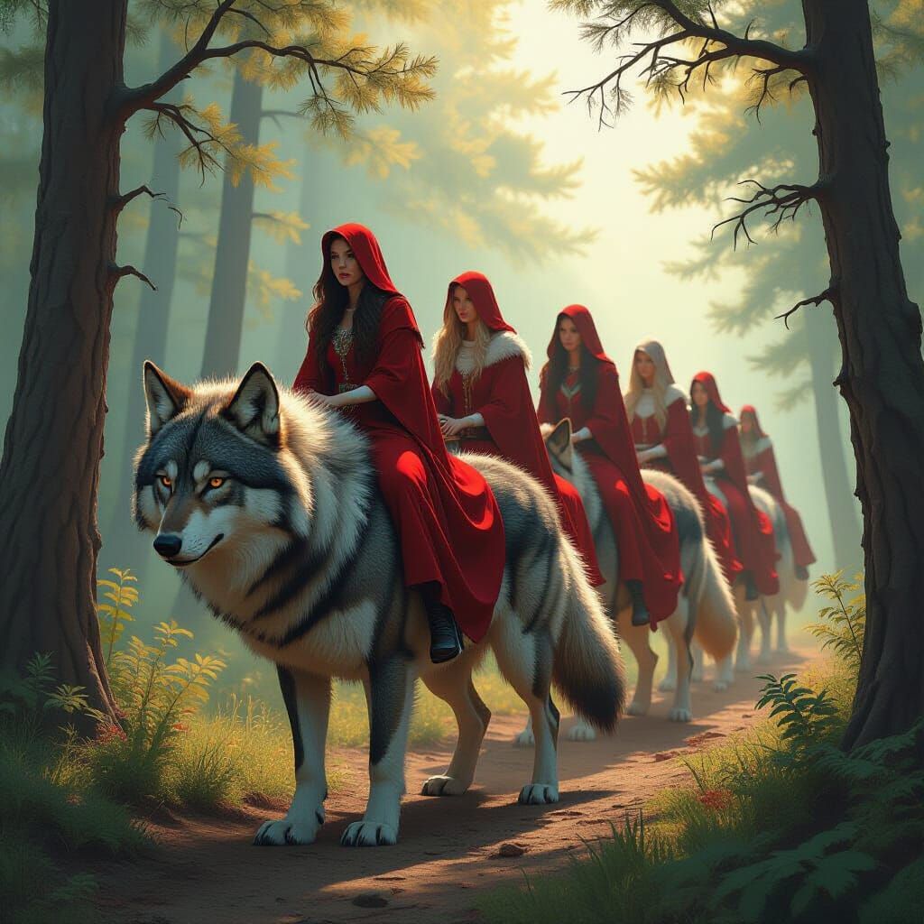 Red-Clad Women Ride Giant Wolves in Mystical Forest
