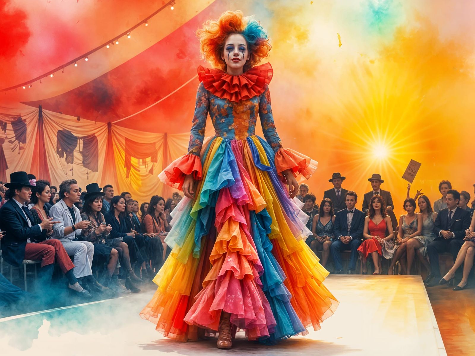 Circus Fashion Model Struts Runway in Watercolor Wonderland