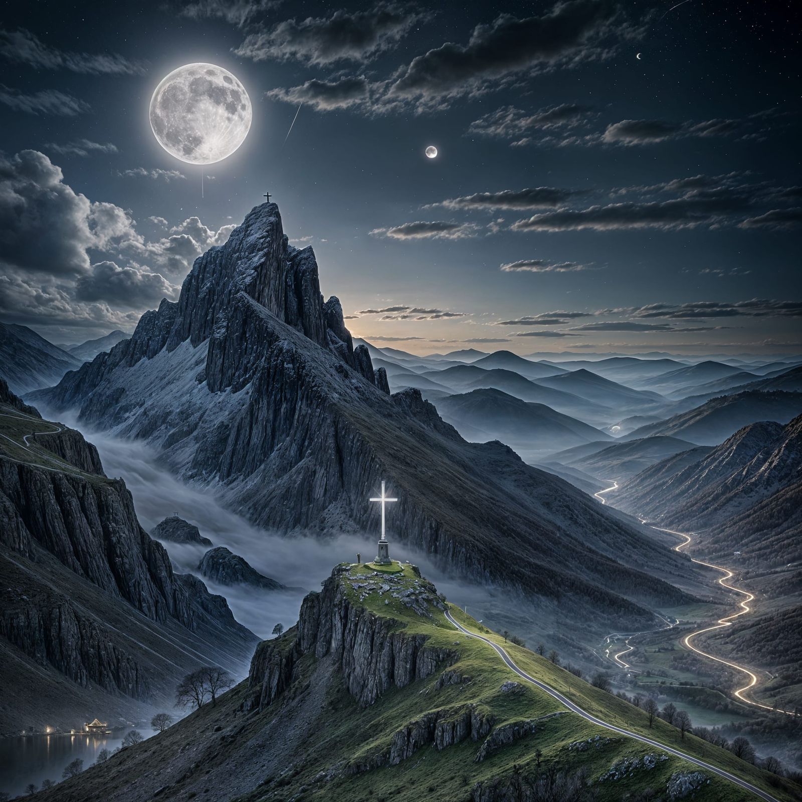Surreal English Cross Soars into Moonlit Mountains
