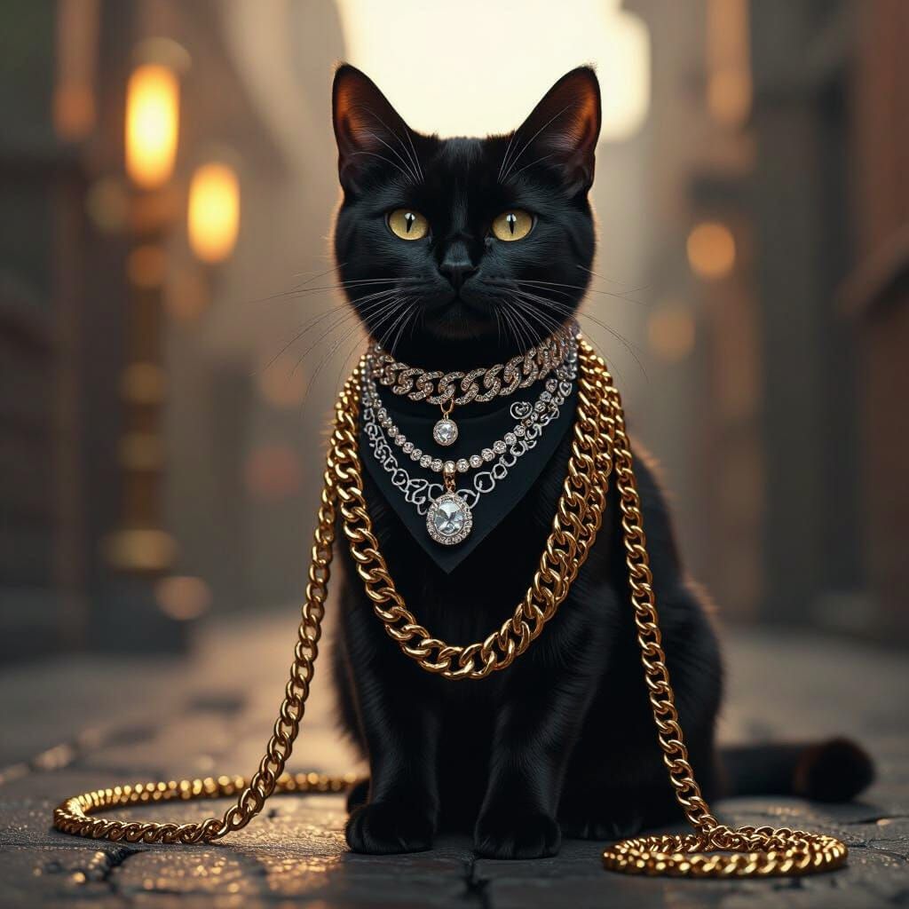 Confident Black Cat with Diamond Necklaces in HDR