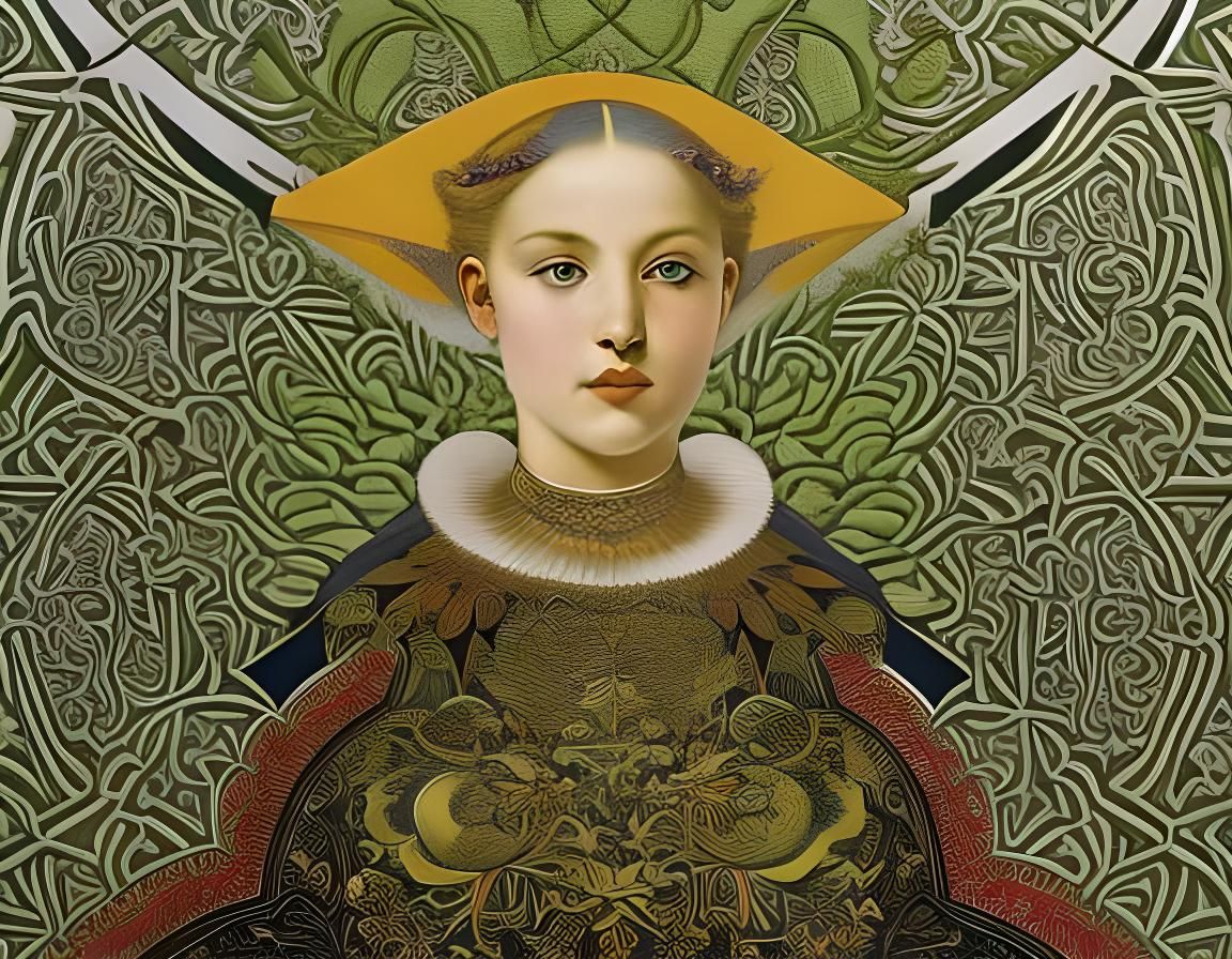 Medieval Girl in Secret Garden with Exotic Birds