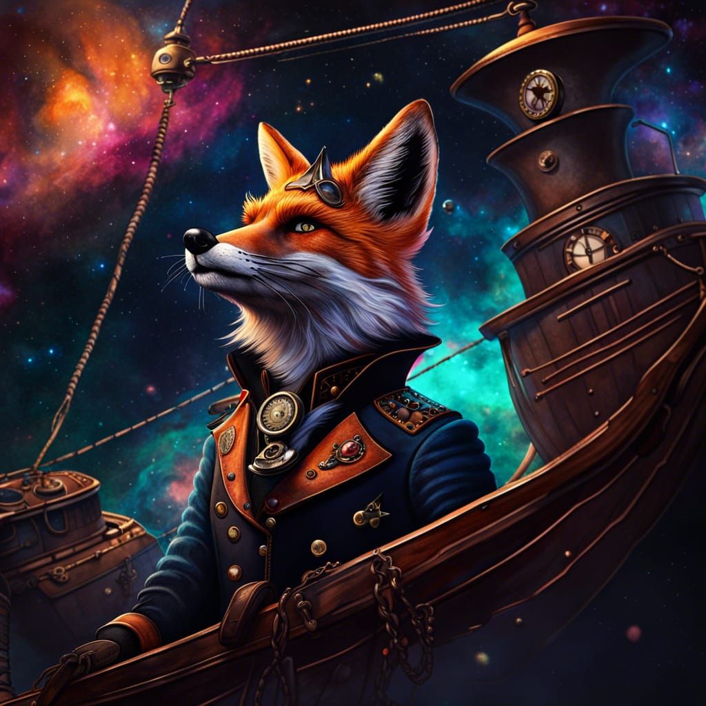 Steampunk Fox Captain on Corsair in Nebula