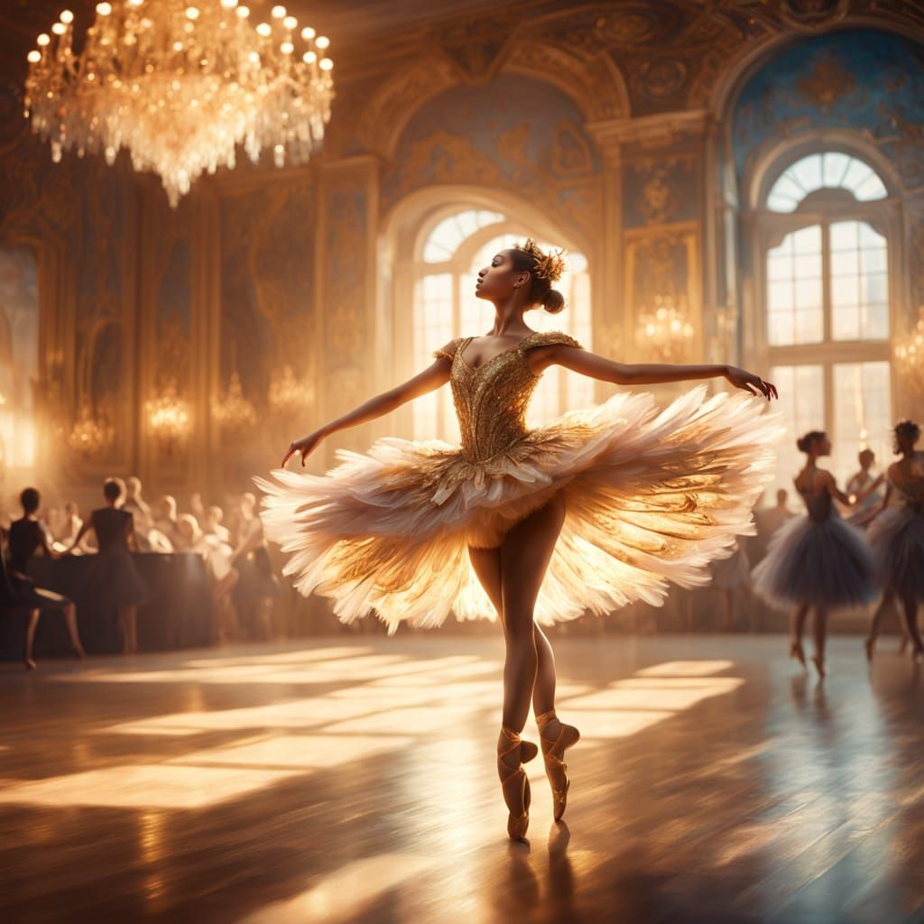 Ethereal Ballroom Dancer in a Whimsical, Golden Hour Setting