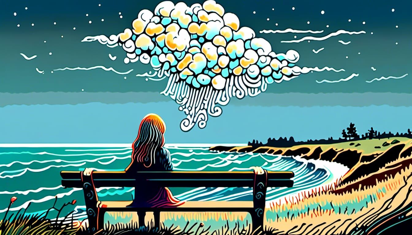 Girl on Bench with Angry Cloud: Watercolor Dark Fantasy