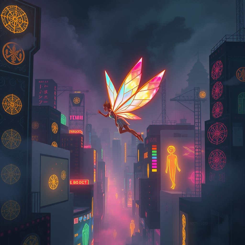 Geometric Fairy in Neon Cityscape, Dadaism Style