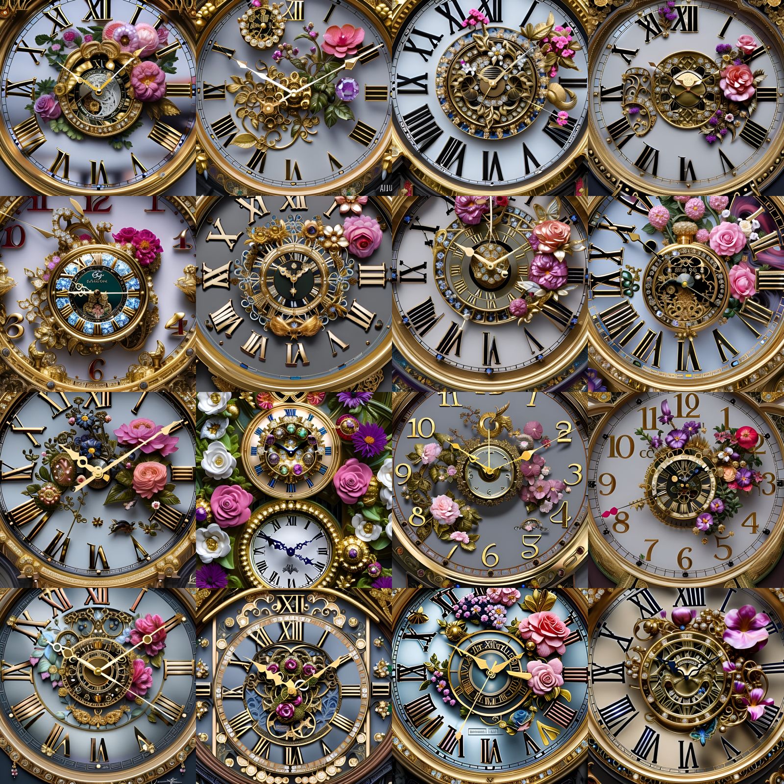 Ornate Rococo Clock Surrounded by Jewels and Flowers