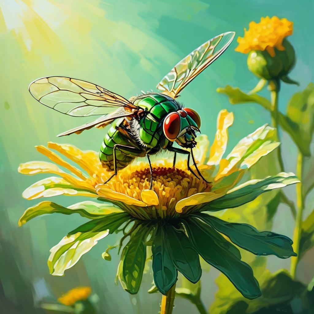 Net-Winged Fly on Flower in Gouache Painting