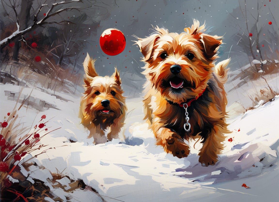 Norfolk Terrier Plays in Snow: Matte Oil Painting