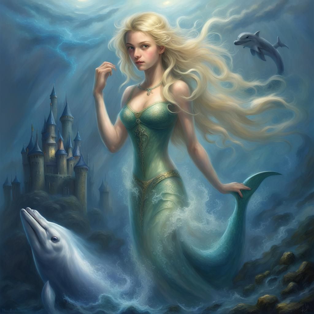 Deep Sea Girl with Dolphins in Fantasy Style