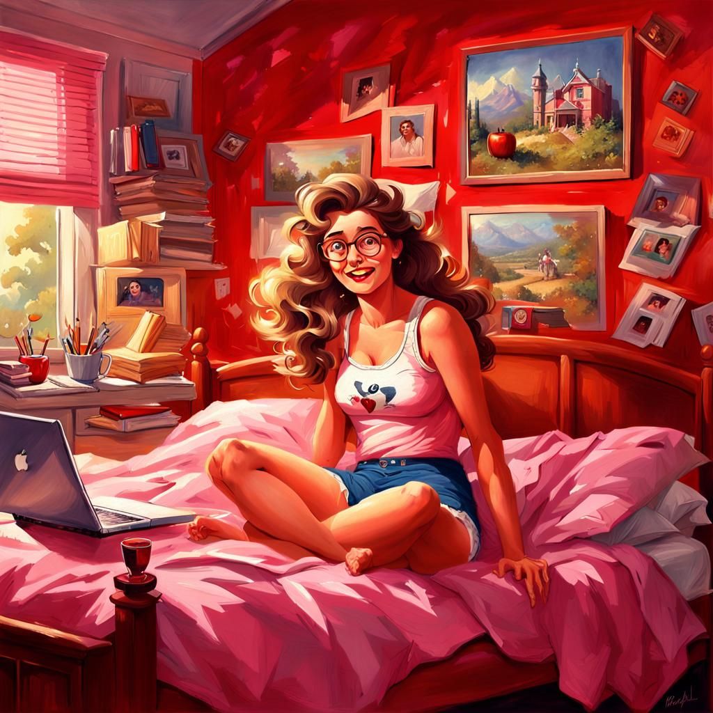 Nerdy Woman in Bedroom, Pinup Painting Style