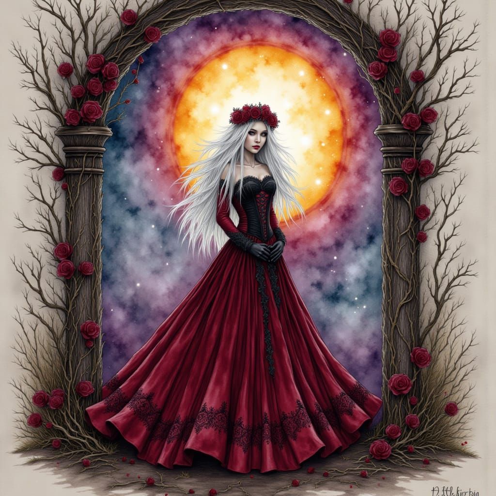 Gothic Victorian Maiden in Watercolor Style
