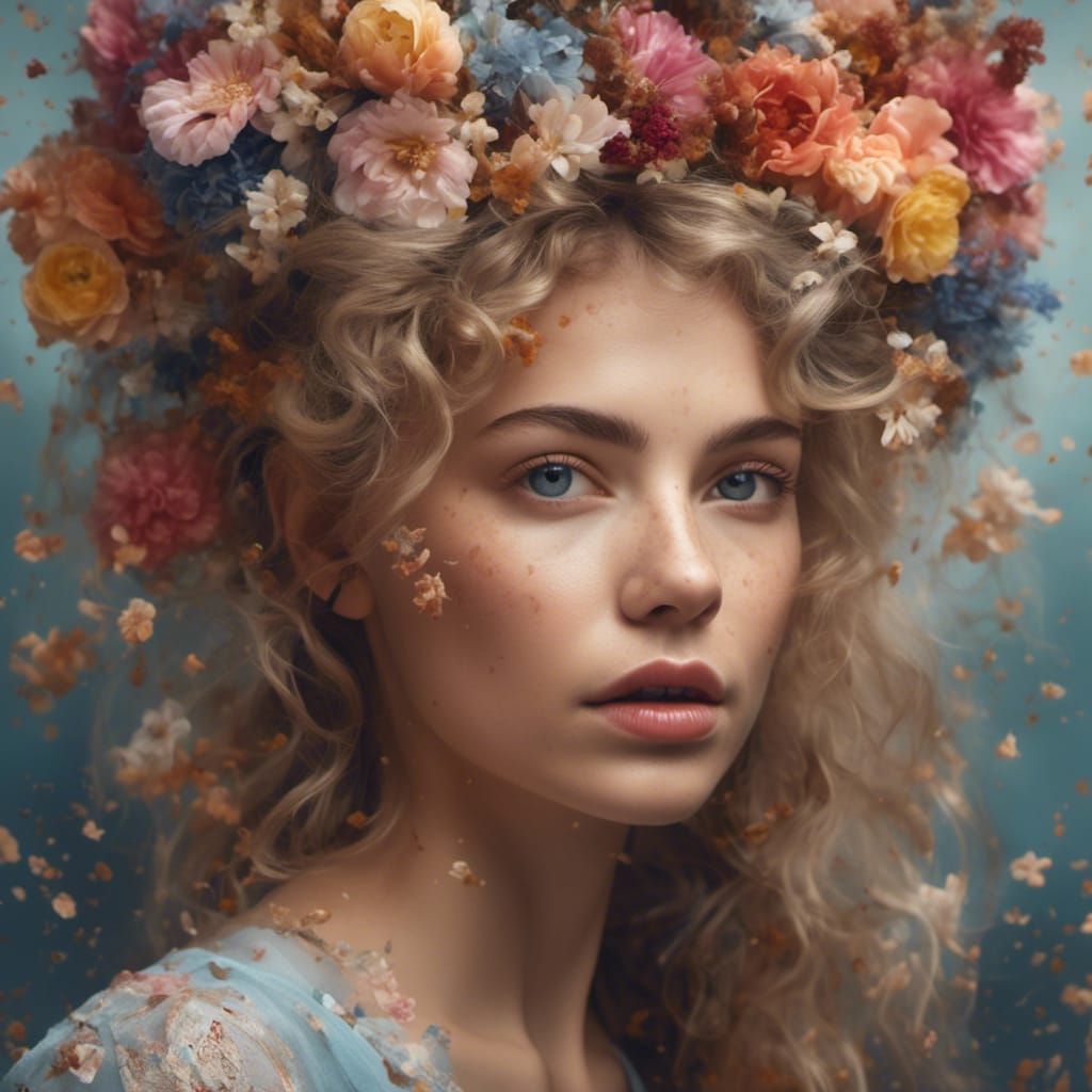 Hyperrealistic Photo of Woman's Face with Flowers