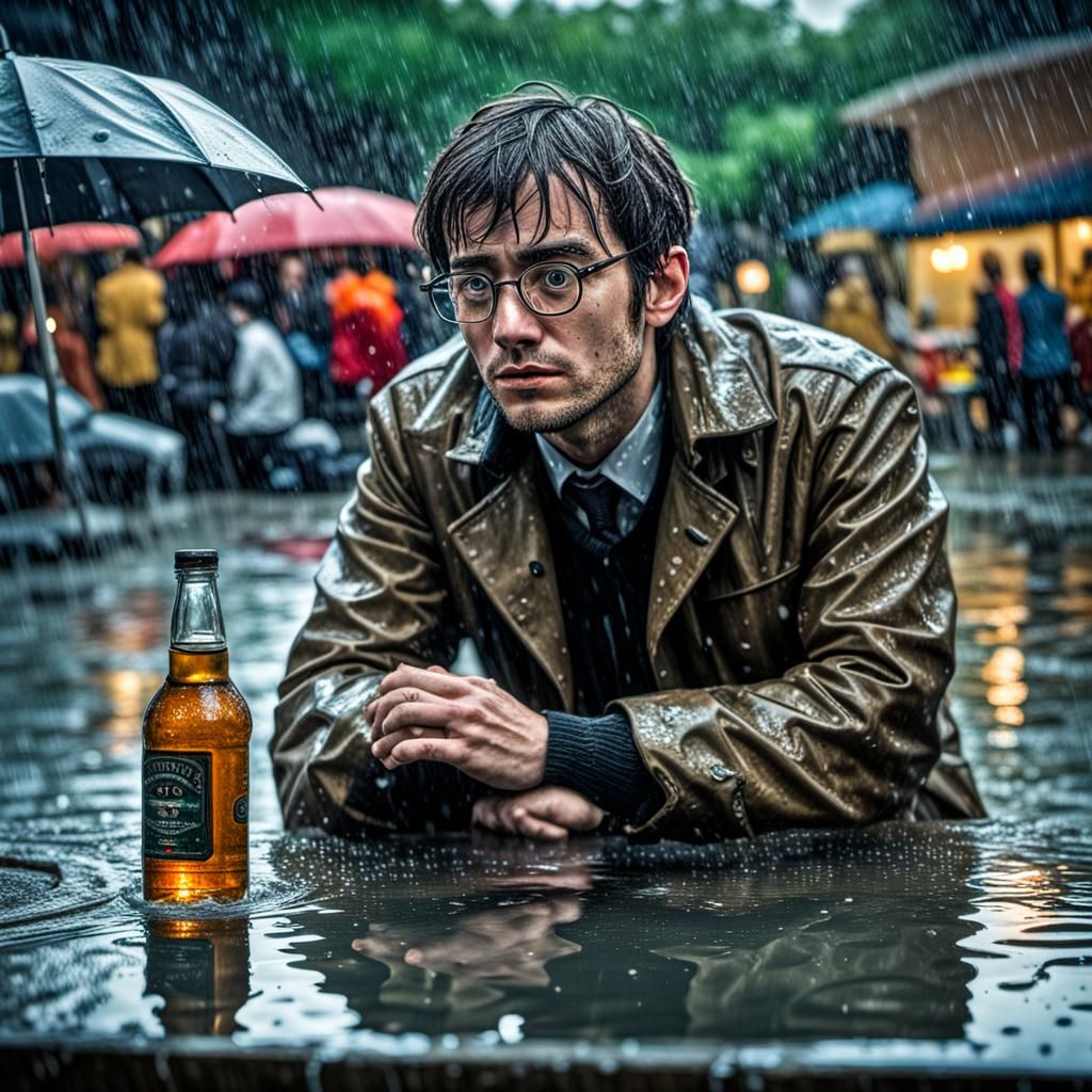 Hyperrealistic Nerdy Man in Rain Puddle