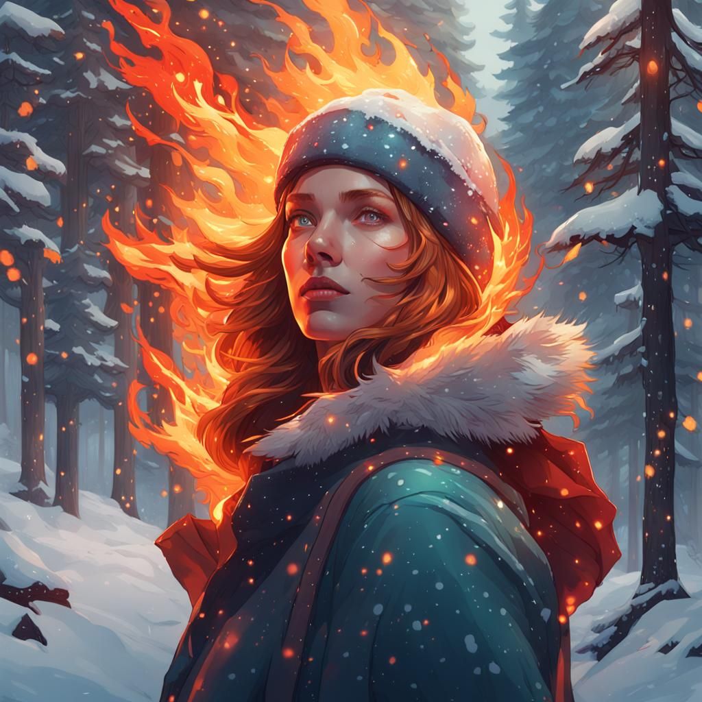 Fiery Woman Portrait in Snowy Forest