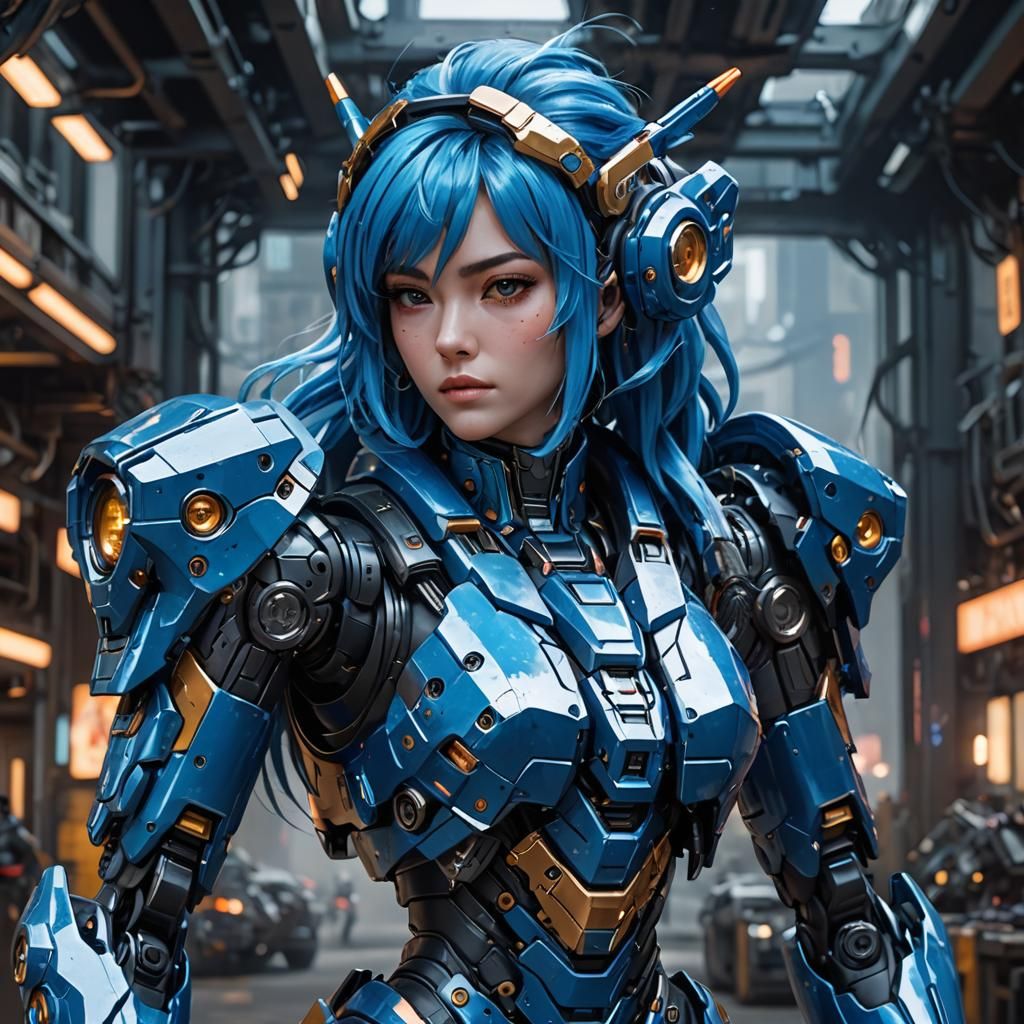 Mecha girl blue hair, intricate mech details, ground level s...