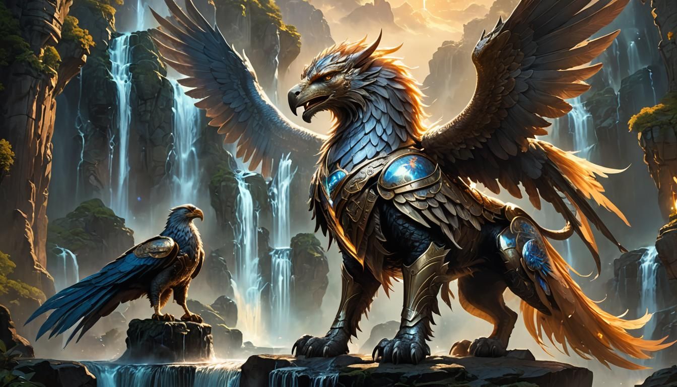 Griffin and Knight in a Magical Landscape