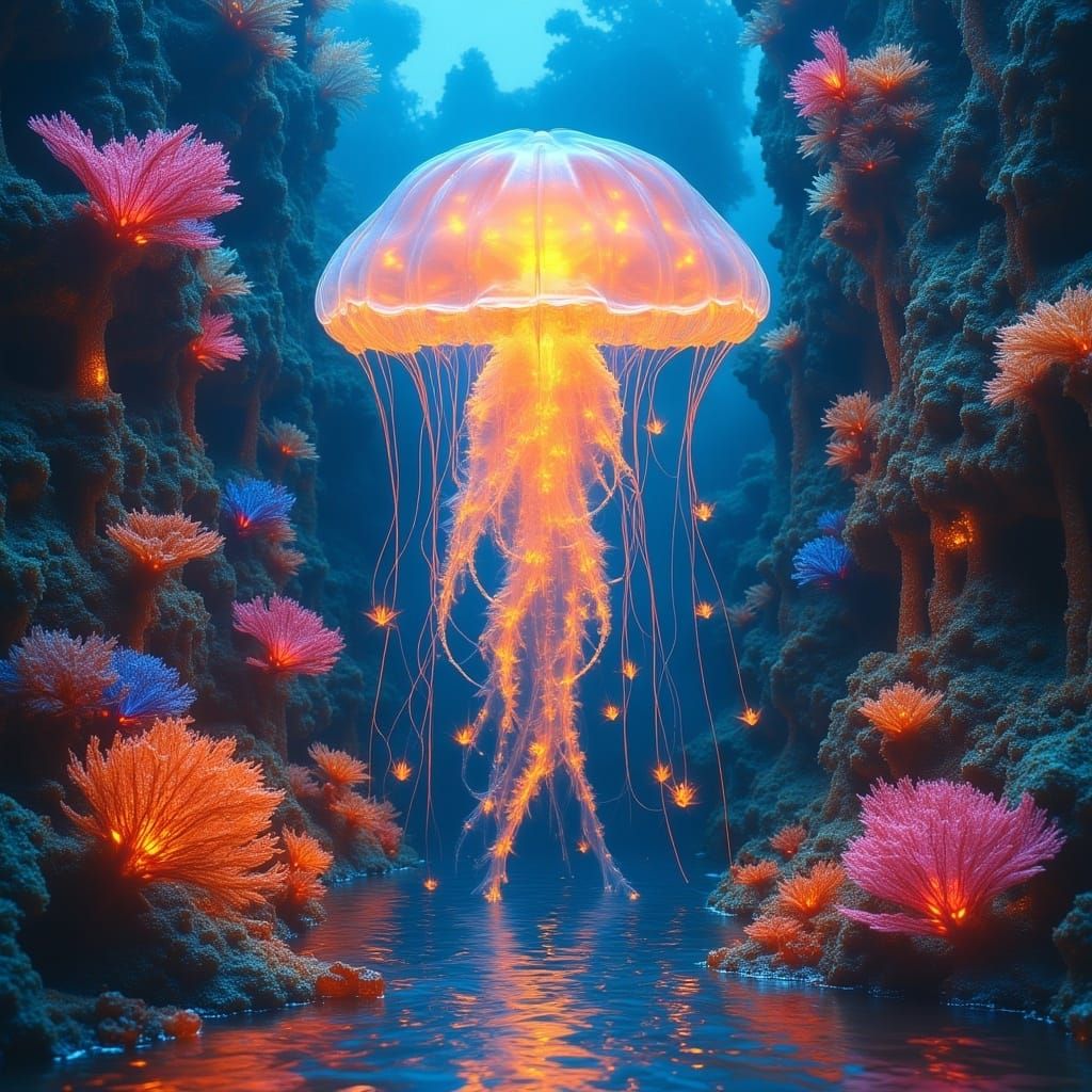 Surreal, Iridescent Jellyfish in a Dreamlike, Biomechanical....