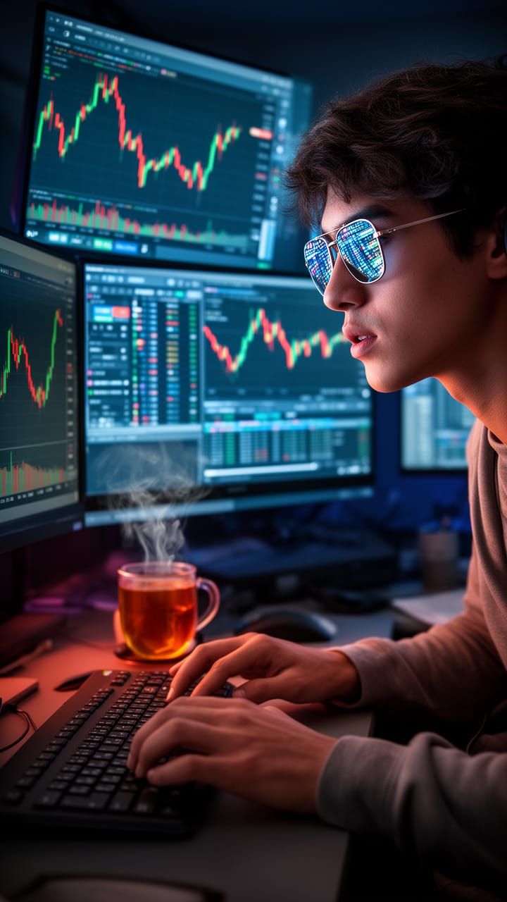 Trader Typing at Monitors with Stock Charts, Cinematic Light...