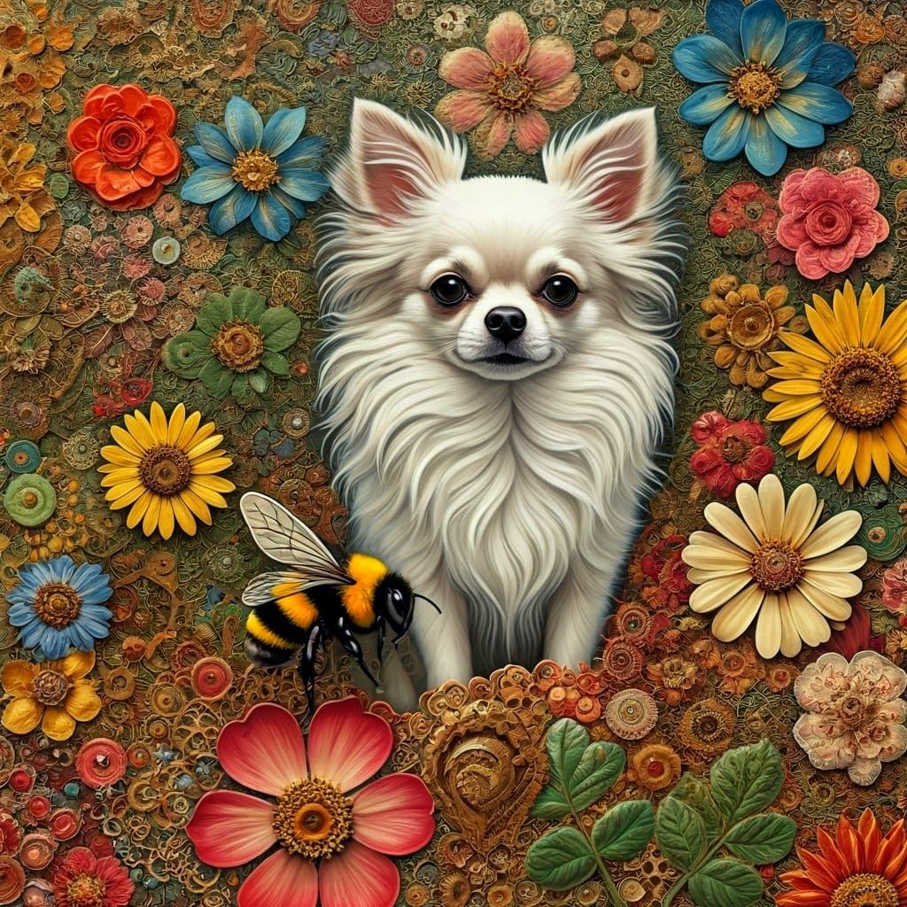 Steampunk Chihuahua Amidst Whimsical Floral Wonders
