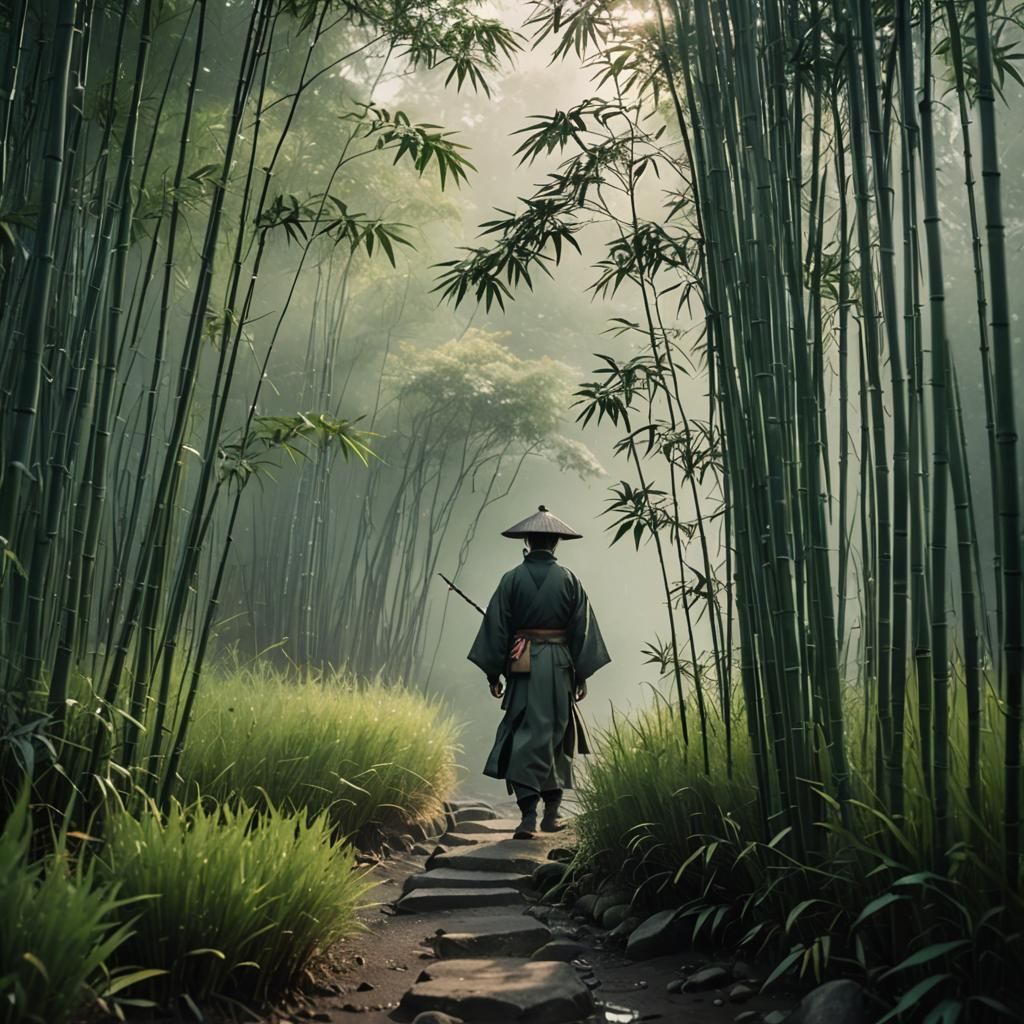 Misty Figure in Japanese Bamboo Landscape