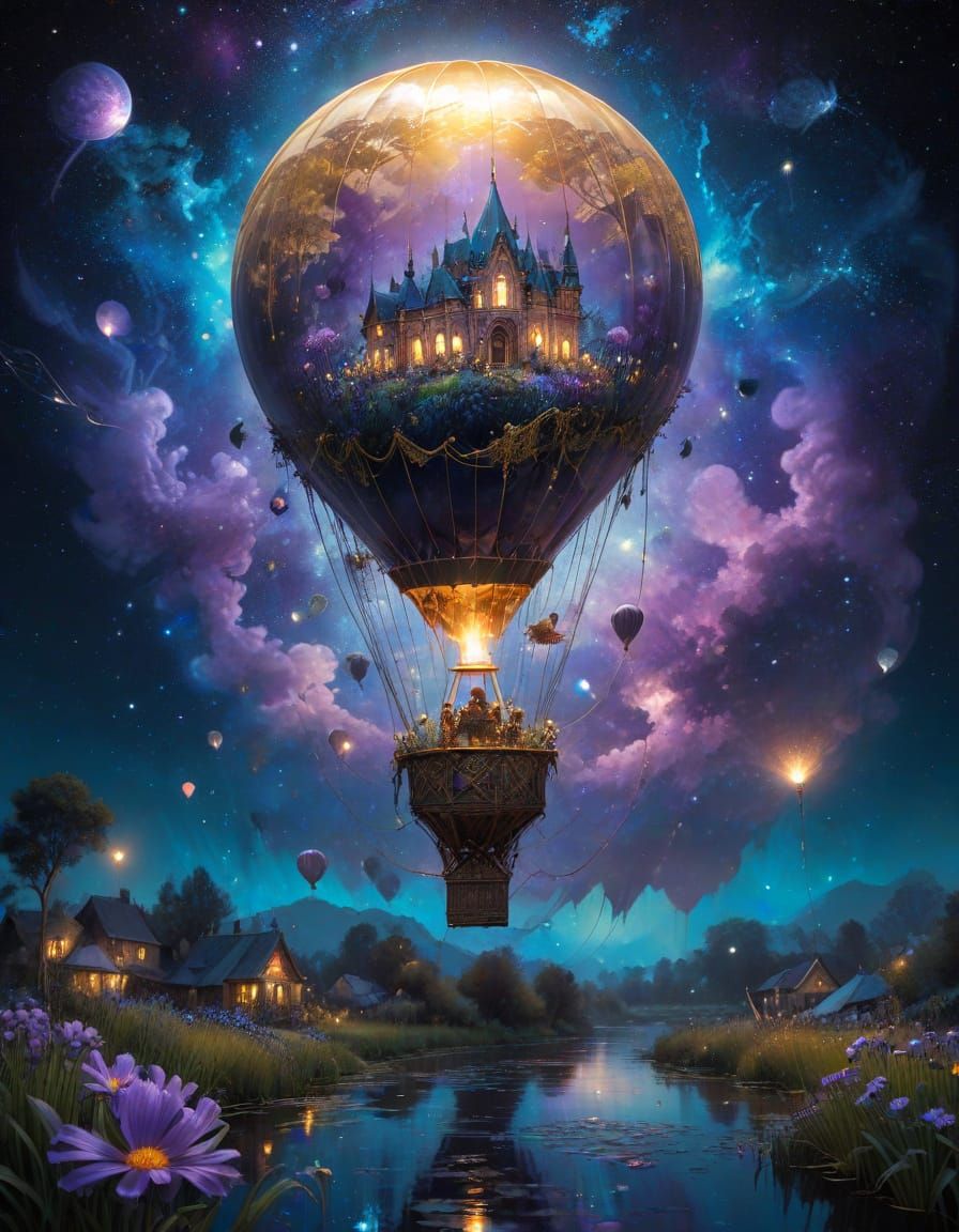 Ethereal Hot Air Balloon Soars Above Whimsical Fantasy Villa...