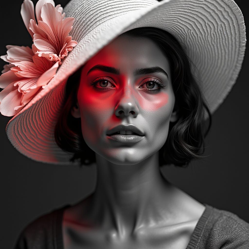 Black and White Portrait of Woman with Crimson Streak