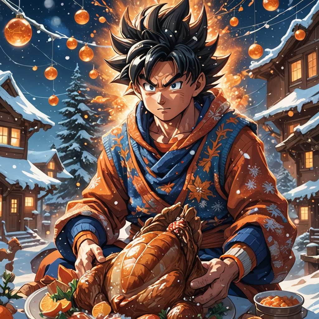 Festive Goku Celebrates Christmas in Winter Wonderland