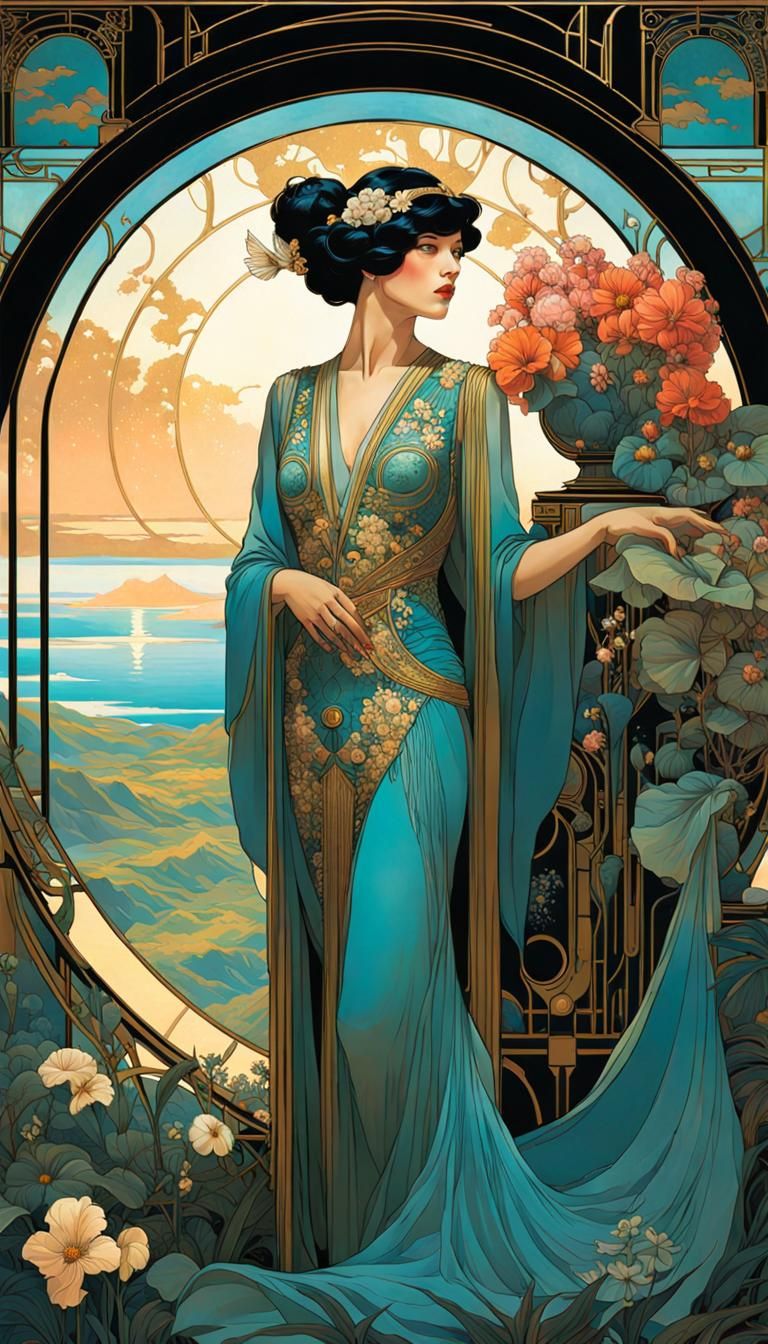 Hawaiian Flower Farm: Art Deco Fantasy Illustration