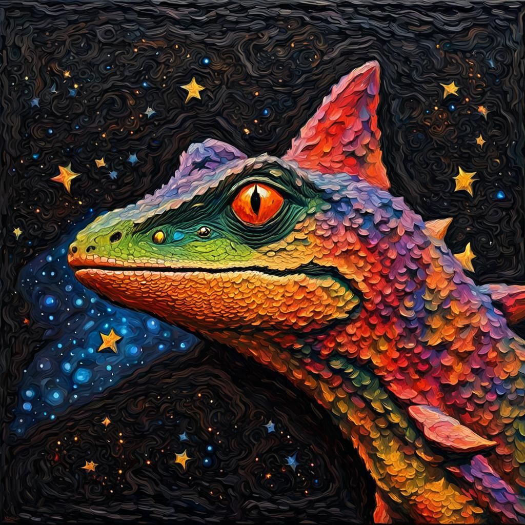 Lizard Portrait in Impasto Style on Starry Night