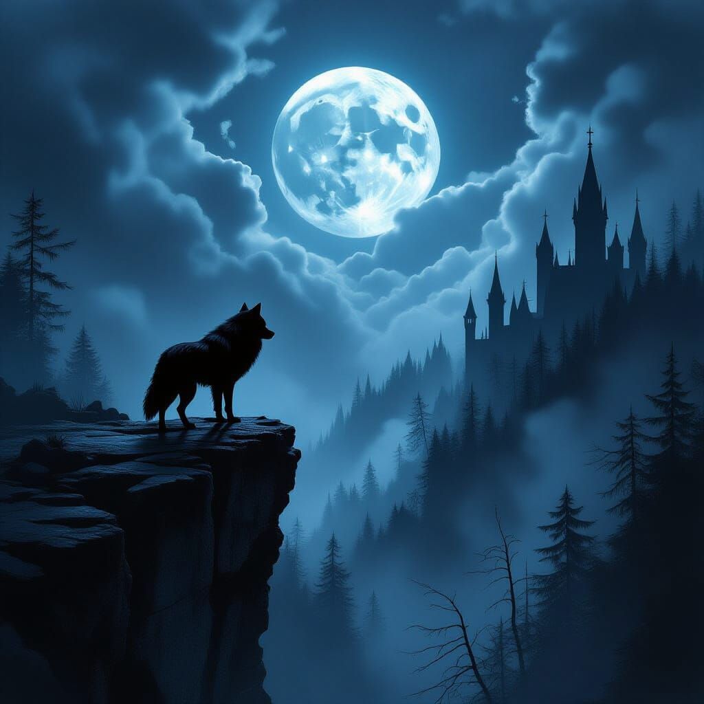 Lone Wolf on Precipice Over Gothic Forest, Dark Fantasy Art