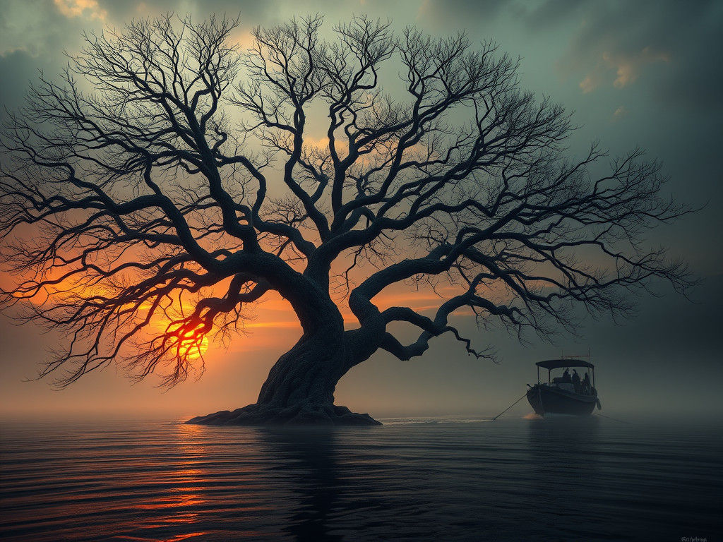 Majestic Twisted Tree amidst Sunset on the Orinoco River