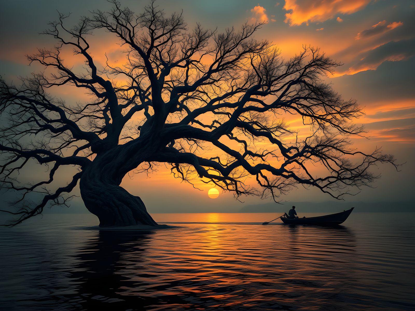 Majestic Twilight Tree in Mysterious Sunset Landscape