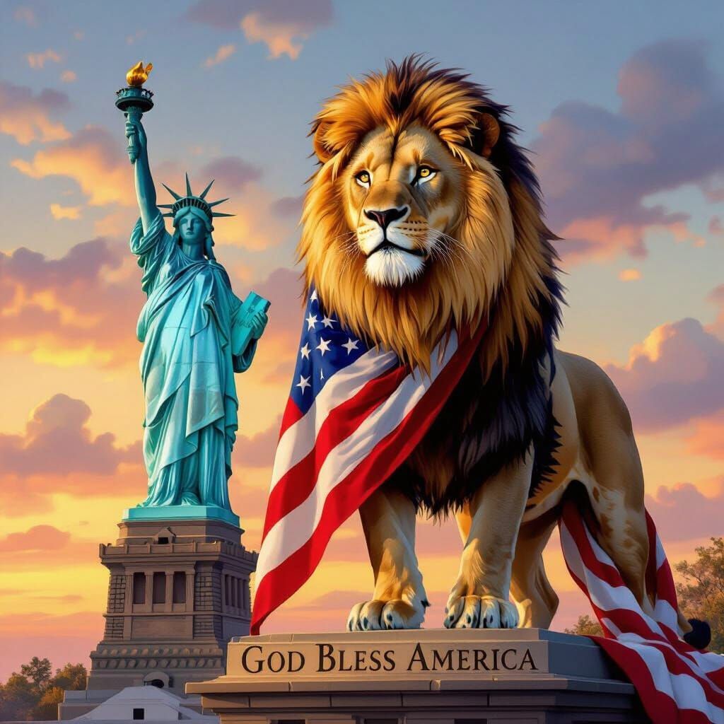 Lion with US Flag Beside Statue of Liberty