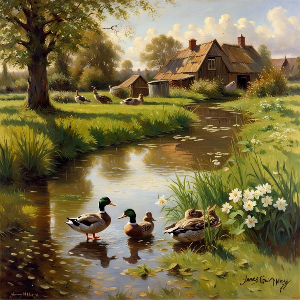 Ducks in Pond, Oil Painting in Impressionist Style