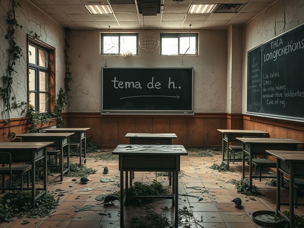 Post-Apocalyptic Classroom with Nature Overgrowth