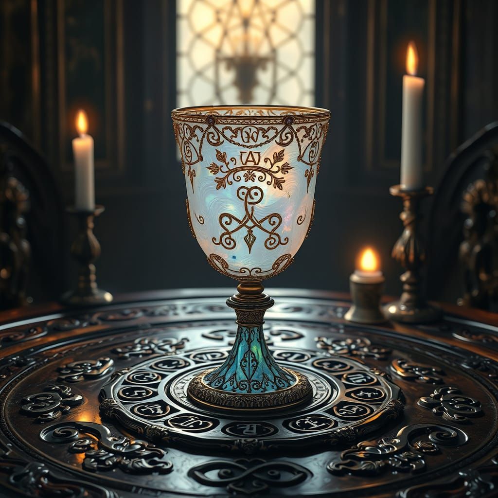 Mystical Chalice on Carved Wooden Table in Whimsical Realism...