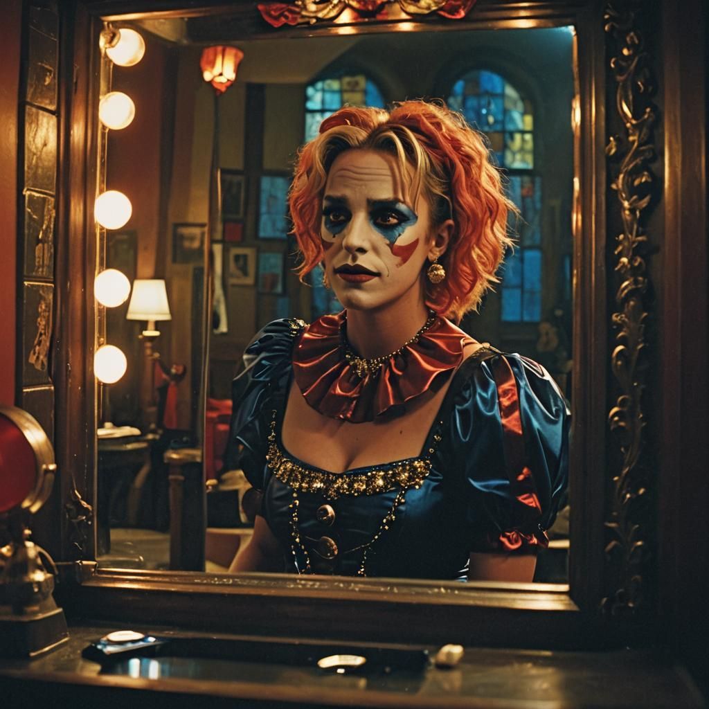 Clown Reflection: A Cinematic Film Still