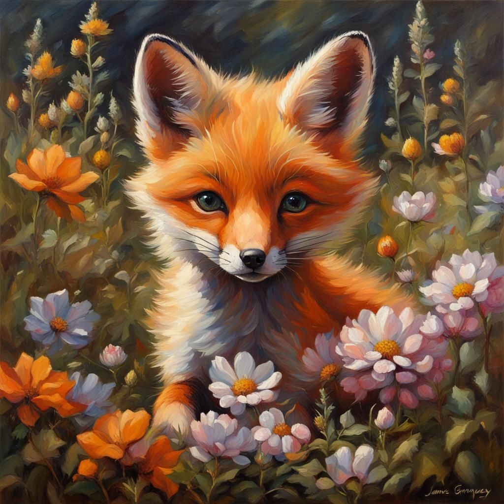 Baby Fox in Flowers: Oil Painting