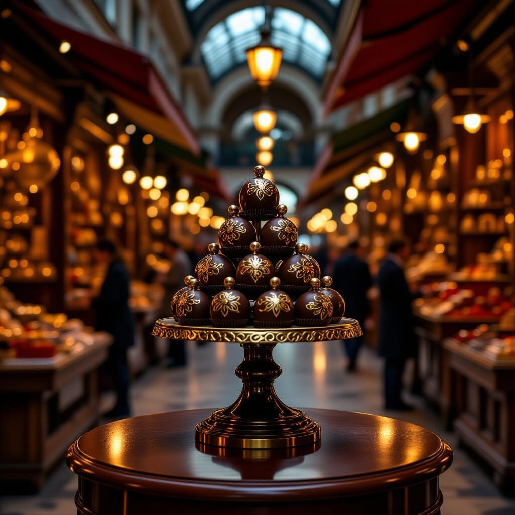 A chocolate sculpture market in Poland in the 1940s, crafted from rich dark chocolate and adorned with intricate gold l....