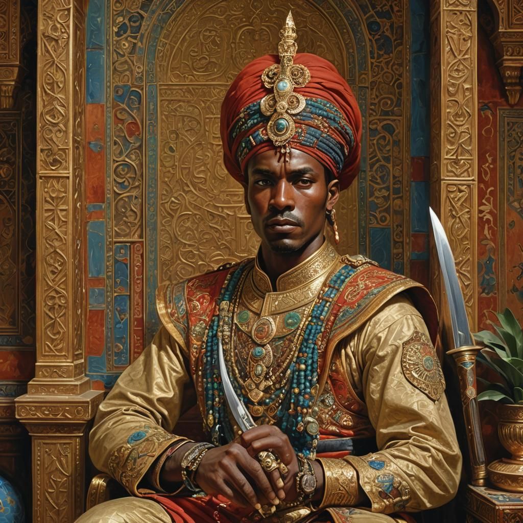 Nubian Palace Guard in Oriental Painting Style