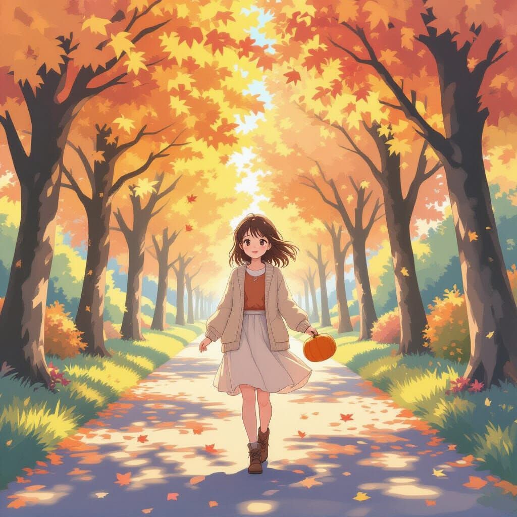 Anime Girl Stroll on Autumn Path in Watercolor Style