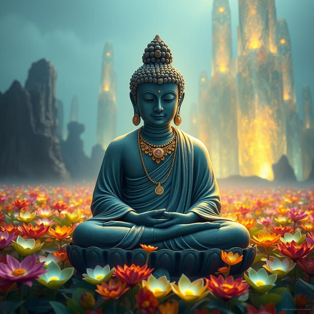 Bioluminescent Buddha Statue in Fantasy Setting